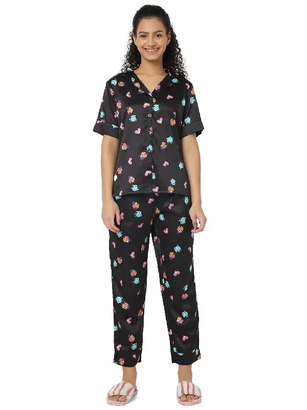 Smarty Pants Women's Silk Satin Black Color Owl Print Night Suit Relaxed High-Waist Trousers