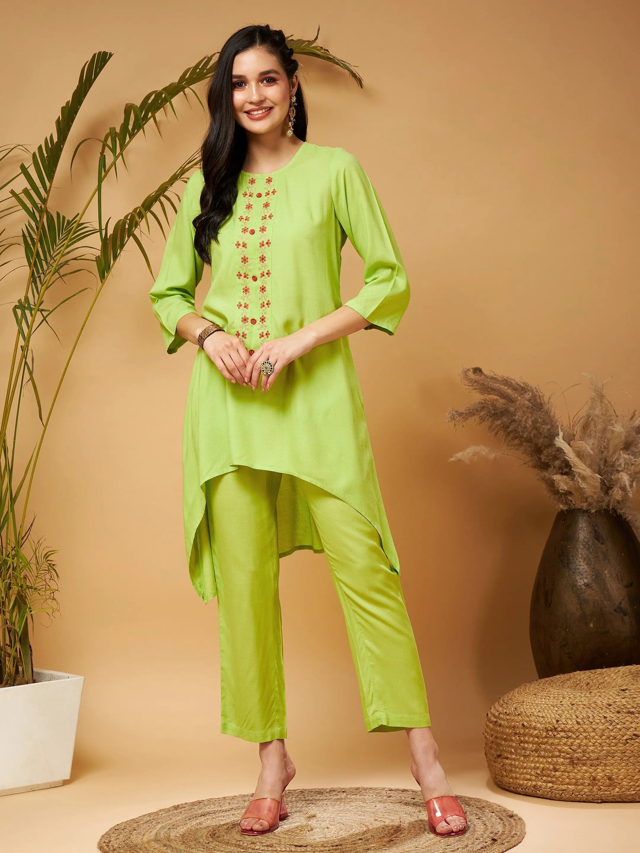 Women Lime Green Embroidered High Low Kurta With Pants Elegant Trouser Pants