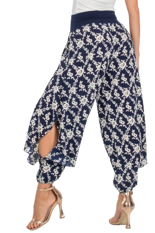 Navy Blue Floral Print Harem Pants With Slits Lightweight Jogger Pants