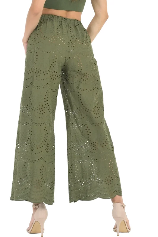 Olive Green Eyelet Embroidery Wide Leg Pants Comfortable Denim Pants