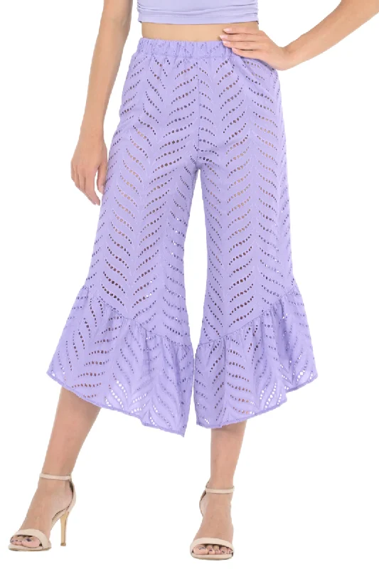 Lavender Eyelet Embroidery Capri Pants Soft Cotton Pants