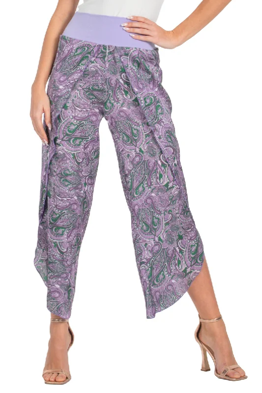 Purple Paisley Print Wrap Tango Pants Fashionable Track Pants