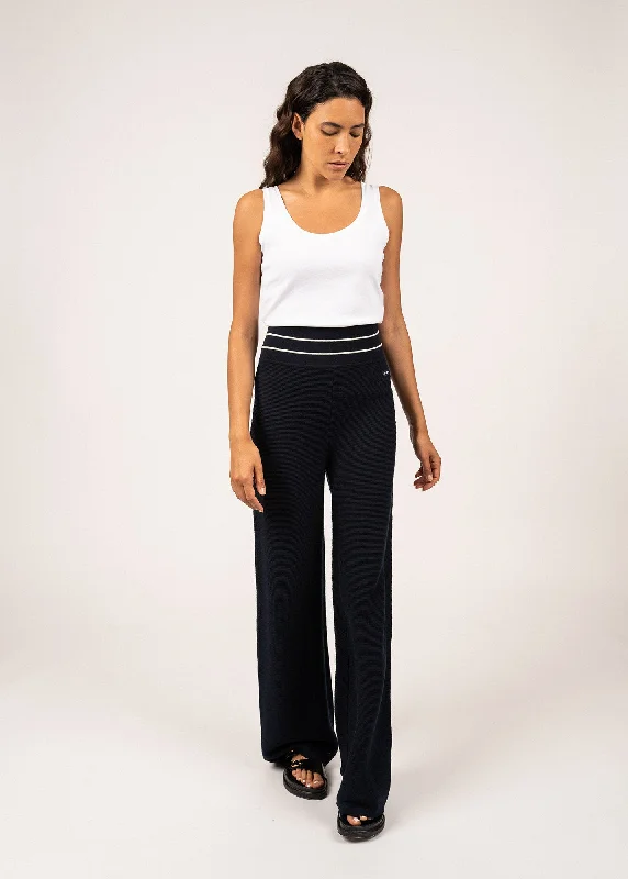 PONTON - Wide Knit Pants by Isabelle Ballu | 100% Cotton (NAVY / IVORY) Lightweight Linen Pants