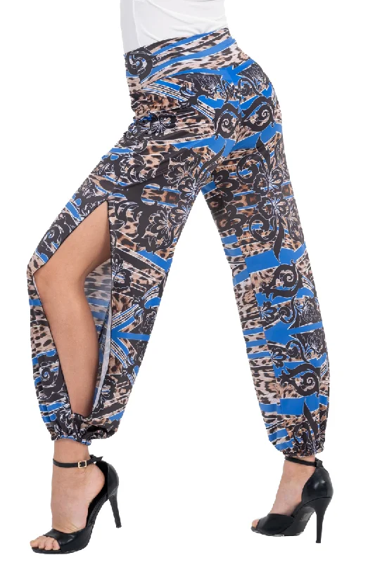 Blue Abstract Animal Print Babucha Tango Pants With Slits Slim-Fit Leggings