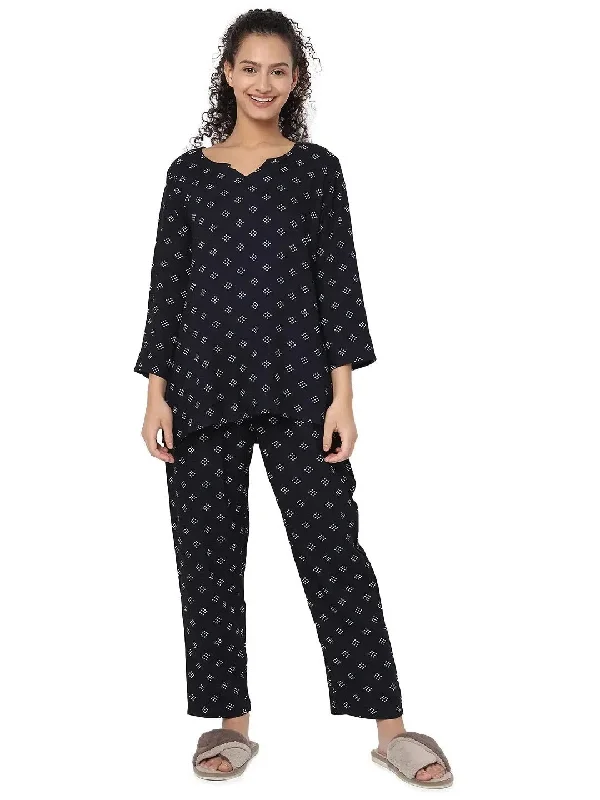 Smarty Pants Women's Cotton Navy Blue Polka Dot Print Night Suit Stylish Harem Pants