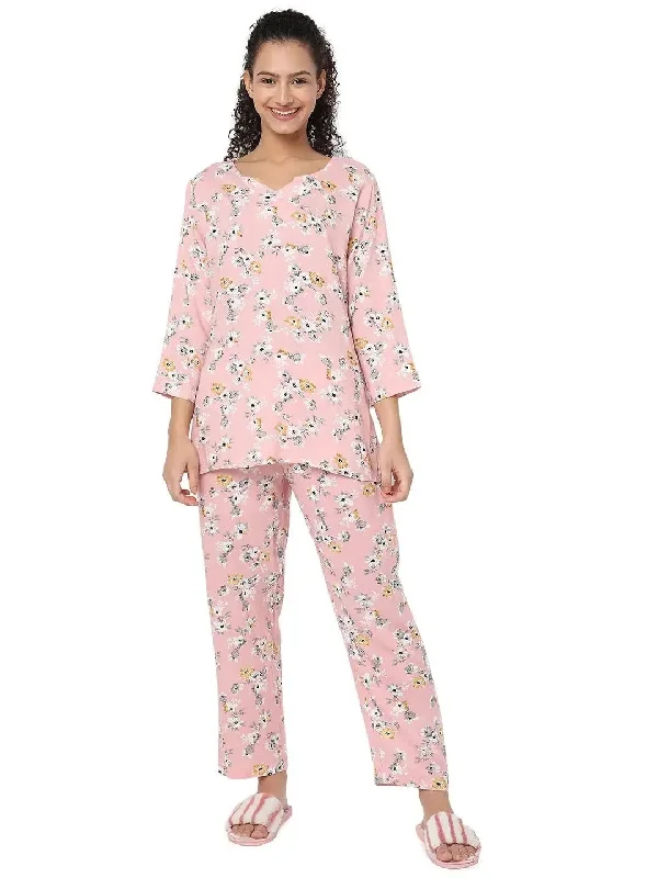 Smarty Pants Women's Cotton Pastel Peach Floral Print Night Suit-SMNSP-814C-S Comfy Zip-Up Pants