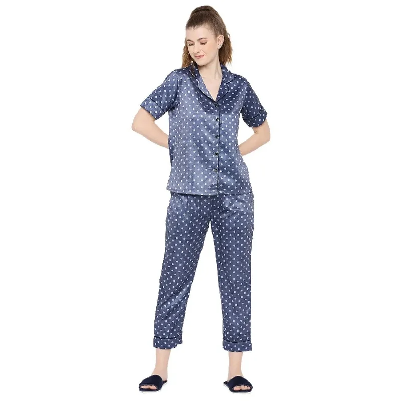 Smarty Pants Women's Silk Satin Blue Color Polka Dot Night Suit Elegant Palazzo Trousers