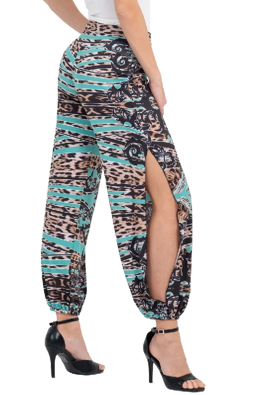 Green Abstract Animal Print Babucha Tango Pants With Slits Trendy Printed Pants