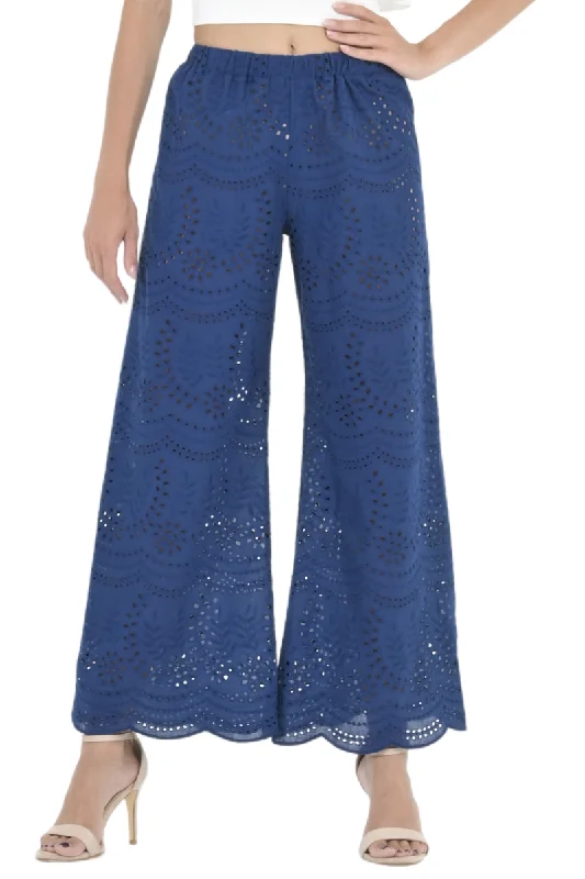 Dark Blue Eyelet Embroidery Wide Leg Pants Trendy Wide-Leg Pants