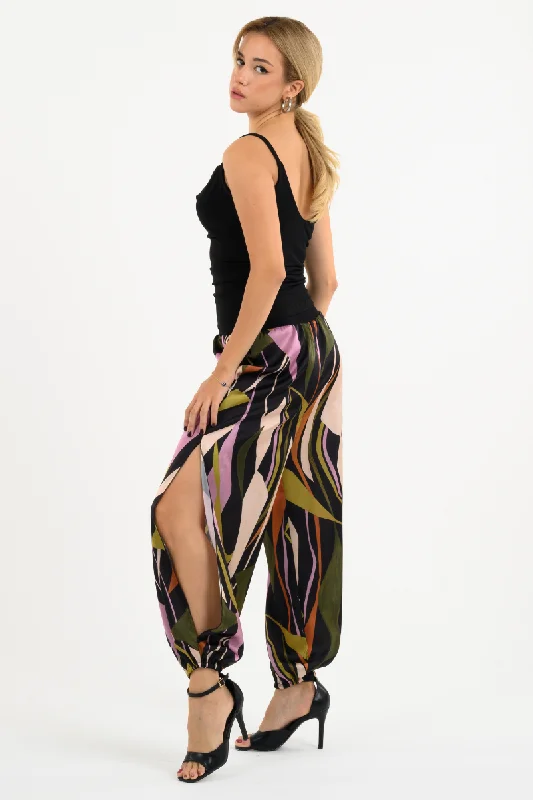 Abstract Print Babucha Tango Pants With Slits Elegant Dress Pants