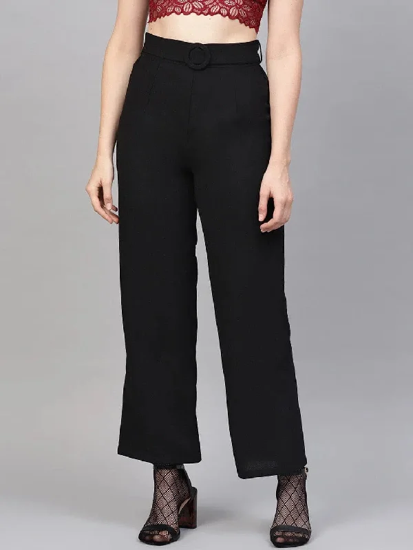 Black Flared Buckle Belted Pant Classic Bootcut Trousers