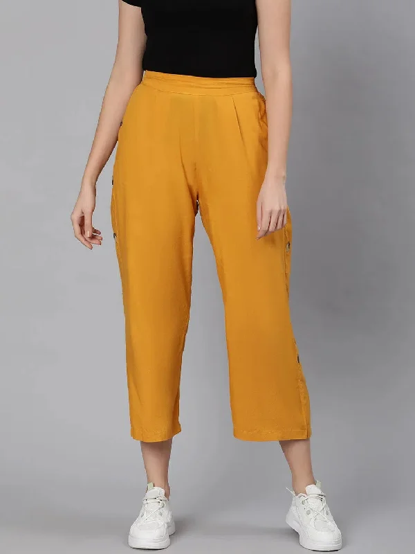 Camel yellow button decked elasticated women pant Formal Wide-Leg Pants