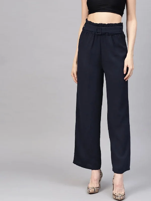 Navy Paper Bag Belted Pant Relaxed High-Waist Trousers