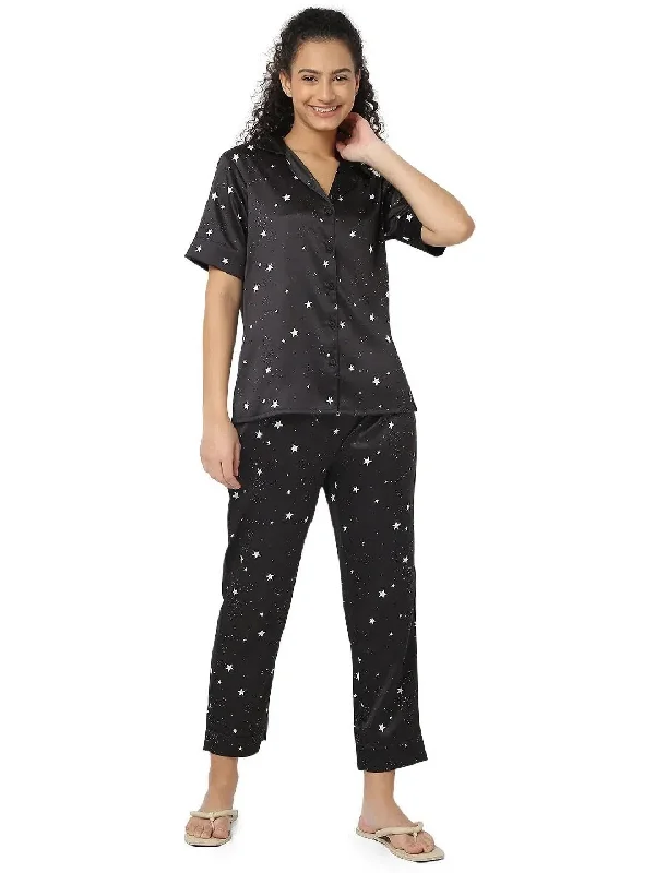 Smarty Pants Women's Silk Satin Black Color Star Print Night Suit-SMNSP-832-S Comfy Athletic Pants