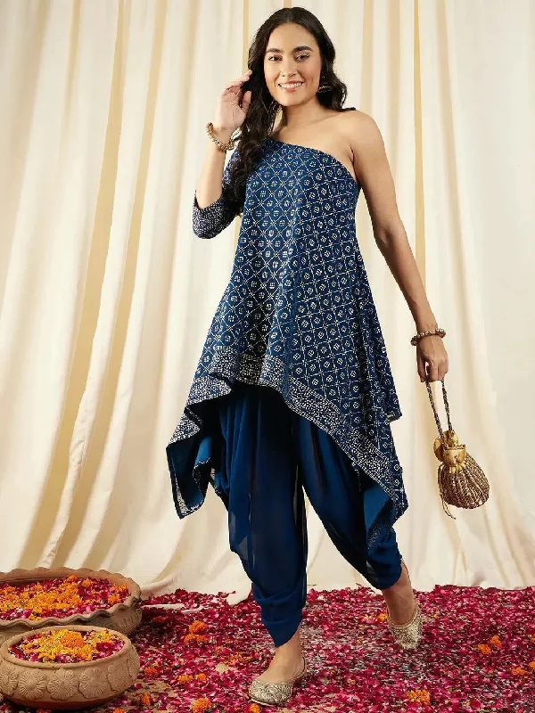 One Shoulder Assymettric Top with Dhoti Pants in Blue Color High-Waist Jeans