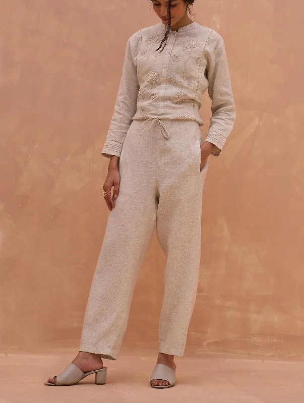 Nena Pintuck Linen Pant - Off White Comfy Cargo Trousers