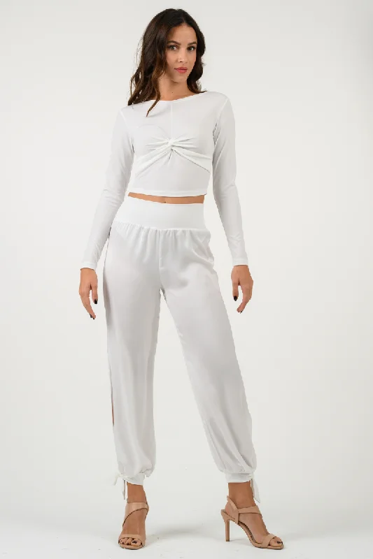 Off White Satin Pants With Adjustable Cuffs Casual Lounge Pants