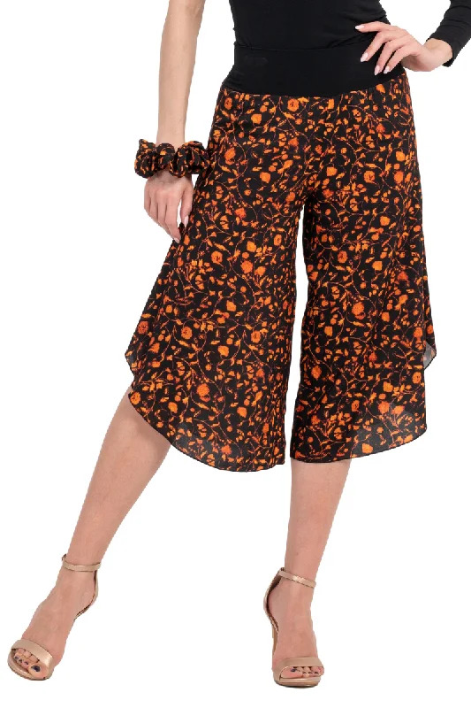 Bronze Orange Floral Print Tango Capri Pants Casual Yoga Pants