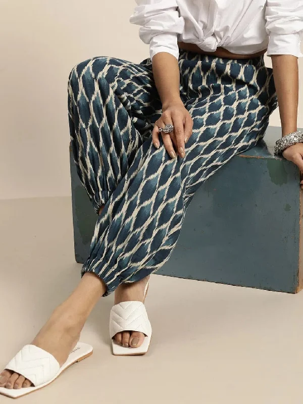 Navy Ikat Cuff Hem Pants Modern Bootcut Pants