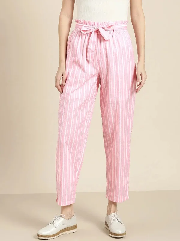 Pink Stripes Paper Bag Pants Lightweight Linen Pants