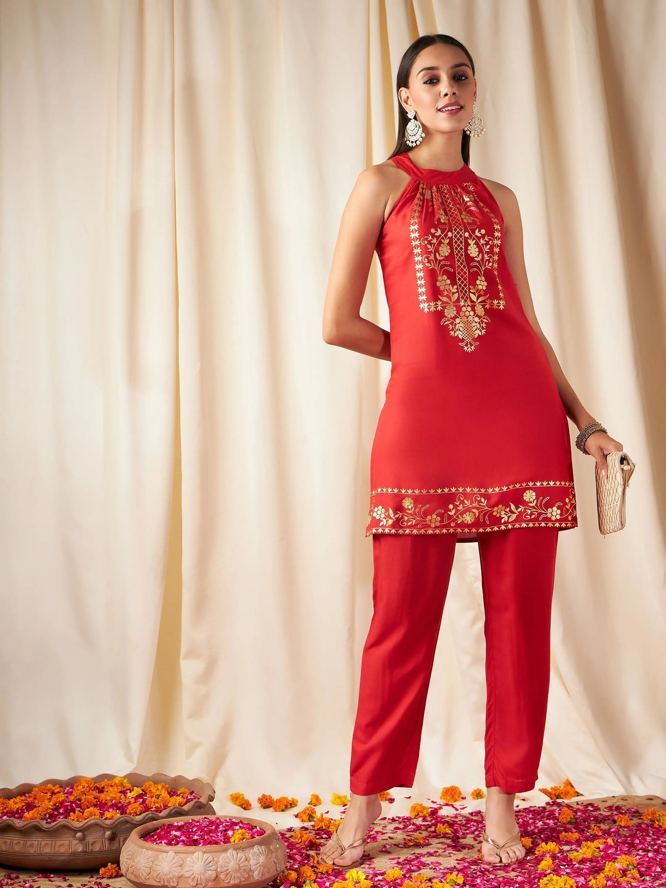 Women Red Foil Print Halter Neck Kurta With Pants Modern Bootcut Pants