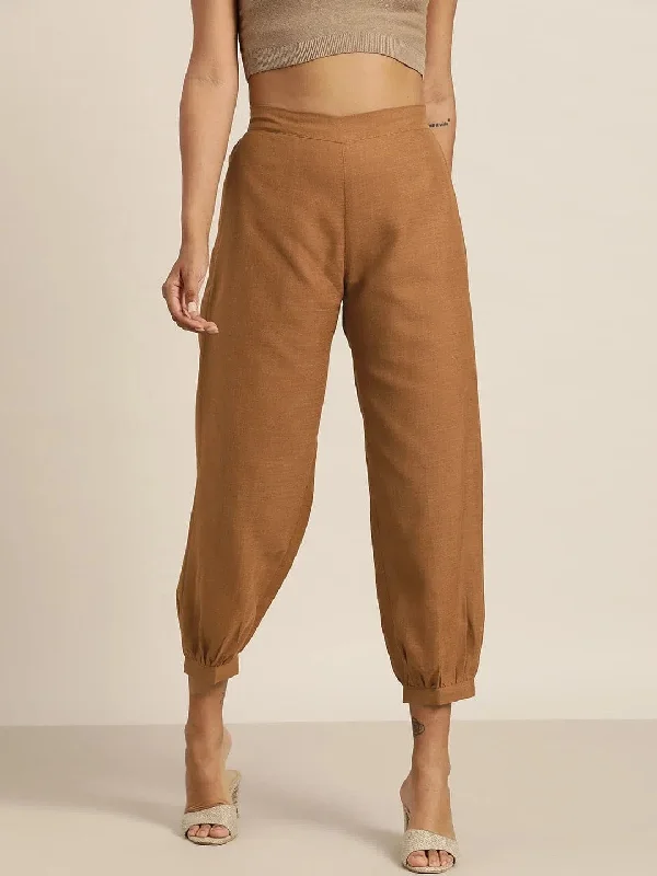 Brown Cuffed Hem Pants Comfortable Fleece Pants