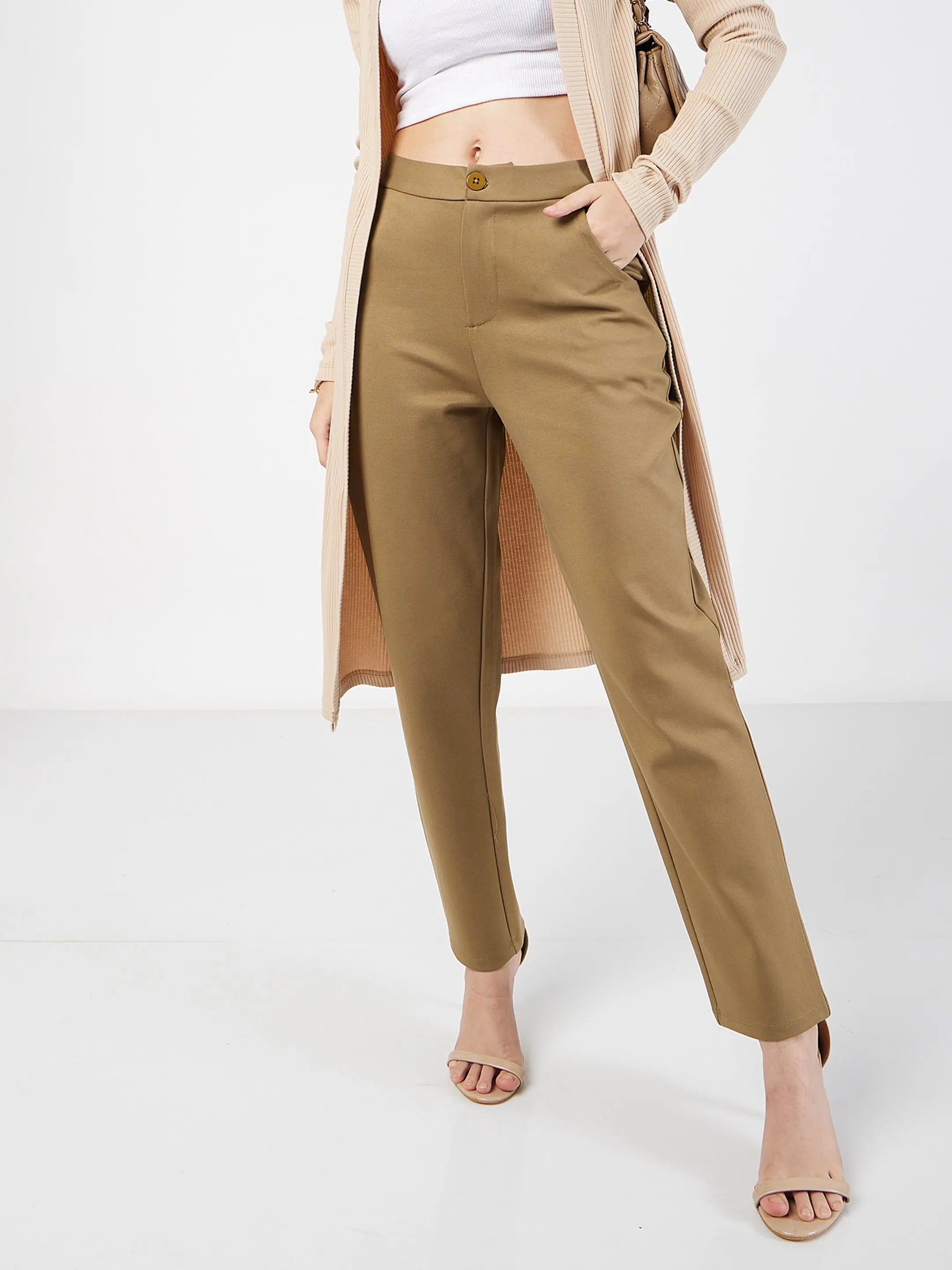 Women Beige Roma Tapered Pants Soft Wool Pants