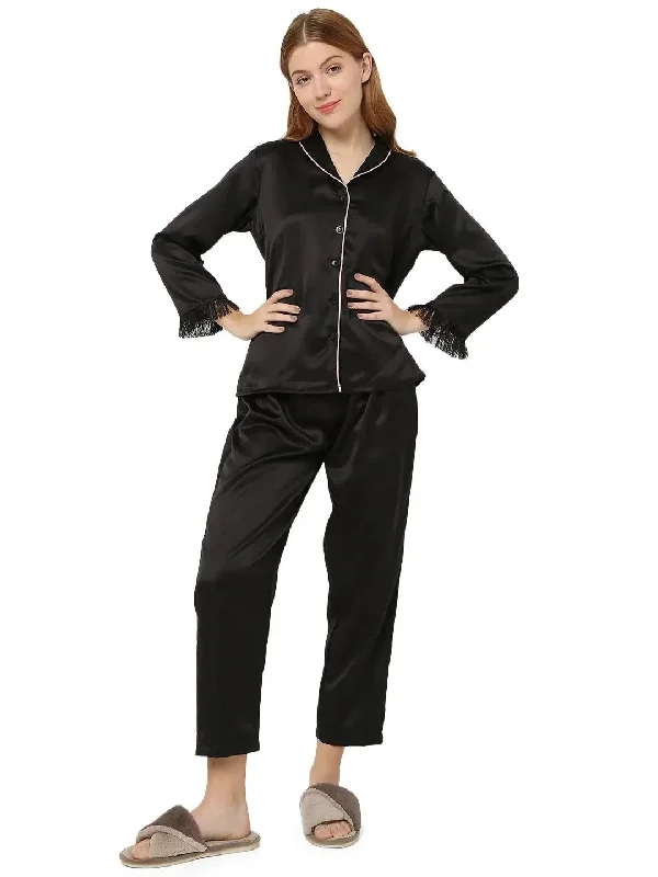 Smarty Pants Women's Silk Satin Shawl Collar Black Color Fringed Night Suit Pair Soft Sweatpants Style