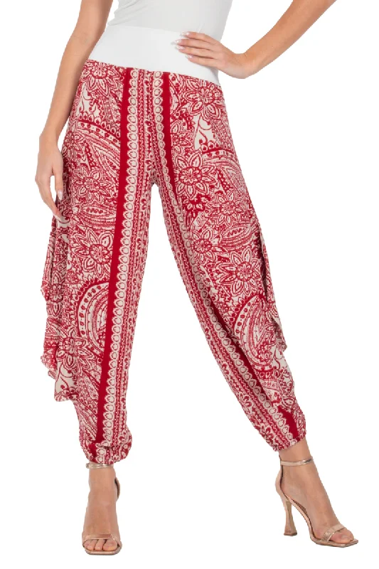 Red Mandala Paisley Print Harem Pants With Slits Comfortable Denim Trousers