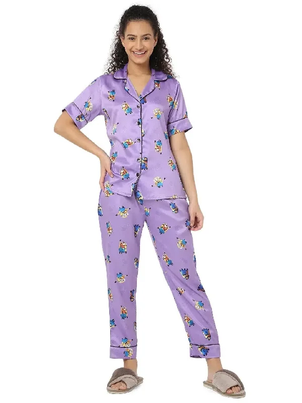 Smarty Pants Women's Silk Satin Lilac Color Minion Print Night Suit Soft Stretch Pants