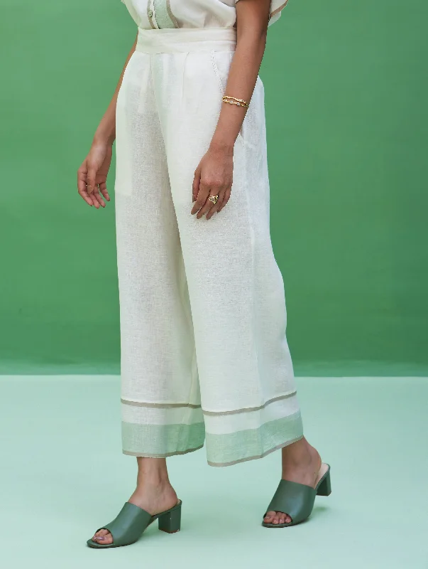 Mara Border Linen Pant - Ivory Trendy High-Waist Trousers