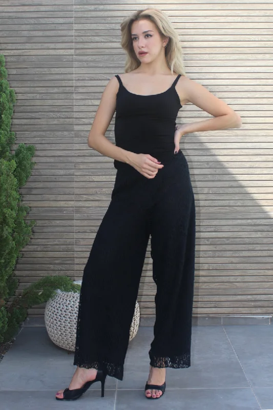 Black Lace Wide Legged Lined Pants Trendy Palazzo Pants