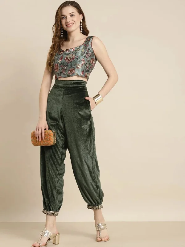 Olive Embroidered Cuff Hem Velvet Pants Classic Straight-Leg Pants