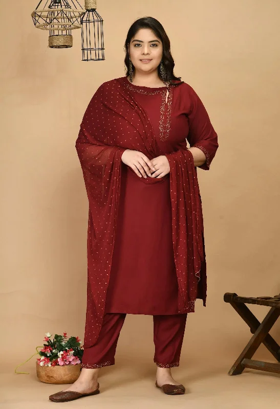 Plus Size Embellished Kurta Pant Set With Dupatta-DN224MAROONXXL Classic Straight Pants