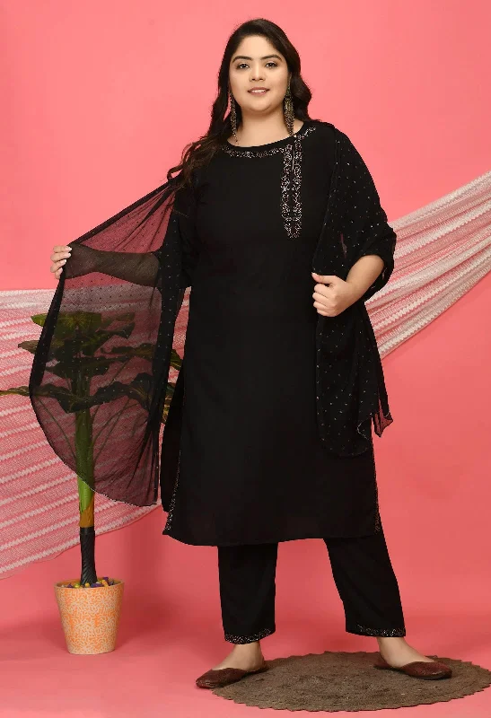 Plus Size Embellished Kurta Pant Set With Dupatta-DN224BLACKXXL Trendy Wide-Legged Trousers