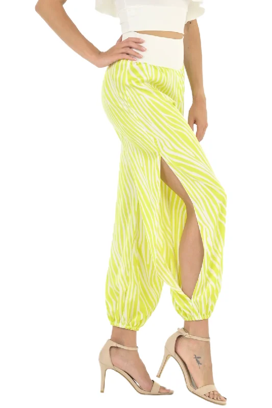 Lime Zebra Print Satin Babucha Tango Pants Relaxed Casual Leggings