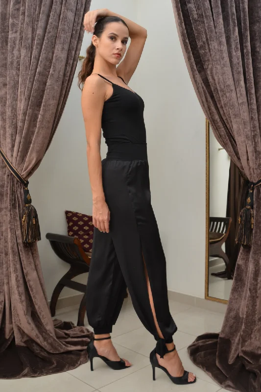 Black Satin Pants With Adjustable Cuffs Formal Wide-Leg Pants