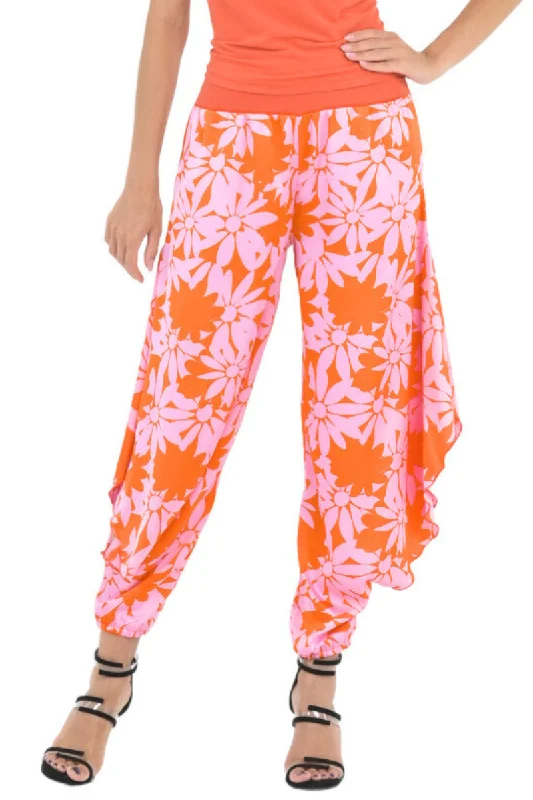 Satin Floral Harem Style Tango Pants With Slits Stylish Paperbag Waist Pants