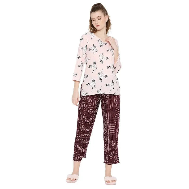 Smarty Pants Women's Cotton Checks & Floral Print Night Suit-SMNSP-815A-S Classic Straight Pants