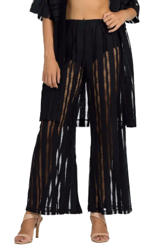 Black Sheer Striped Wide-Leg Pants Fashionable Jogger Pants