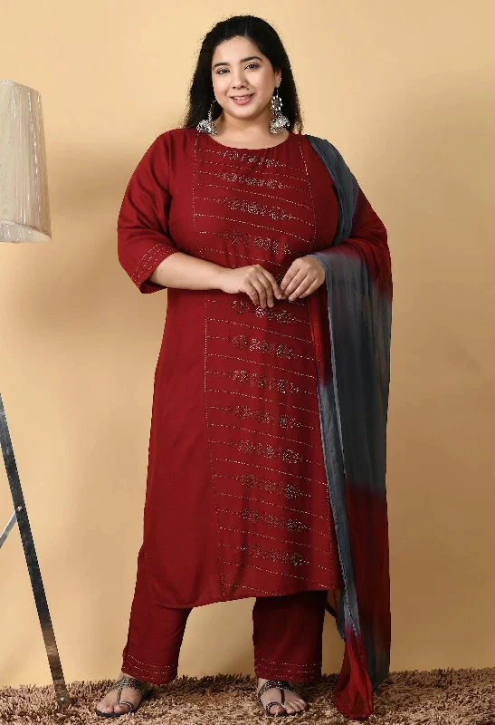 Plus Size Deep Maroon Kurta Pant Set Casual Drawstring Pants