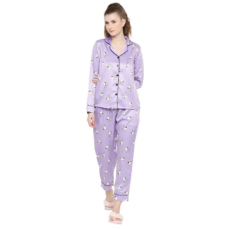 Smarty Pants Women's Silk Satin Lilac Color Snoopy Print Full Sleeves Night Suit Fashionable Tapered Leg Pants