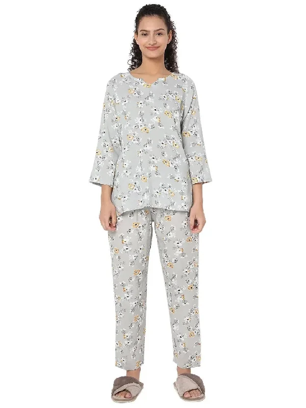 Smarty Pants Women's Cotton Grey Floral Print Night Suit Comfortable Cargo Pants