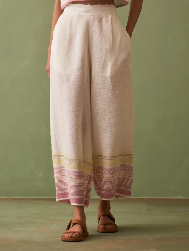 Vana Border Linen Pant - Ivory Cozy Lounge Pants