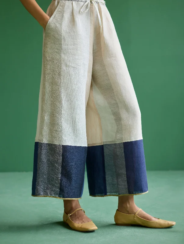 Kio Color-Blocked Linen Pant- Ivory High-Waist Jeans