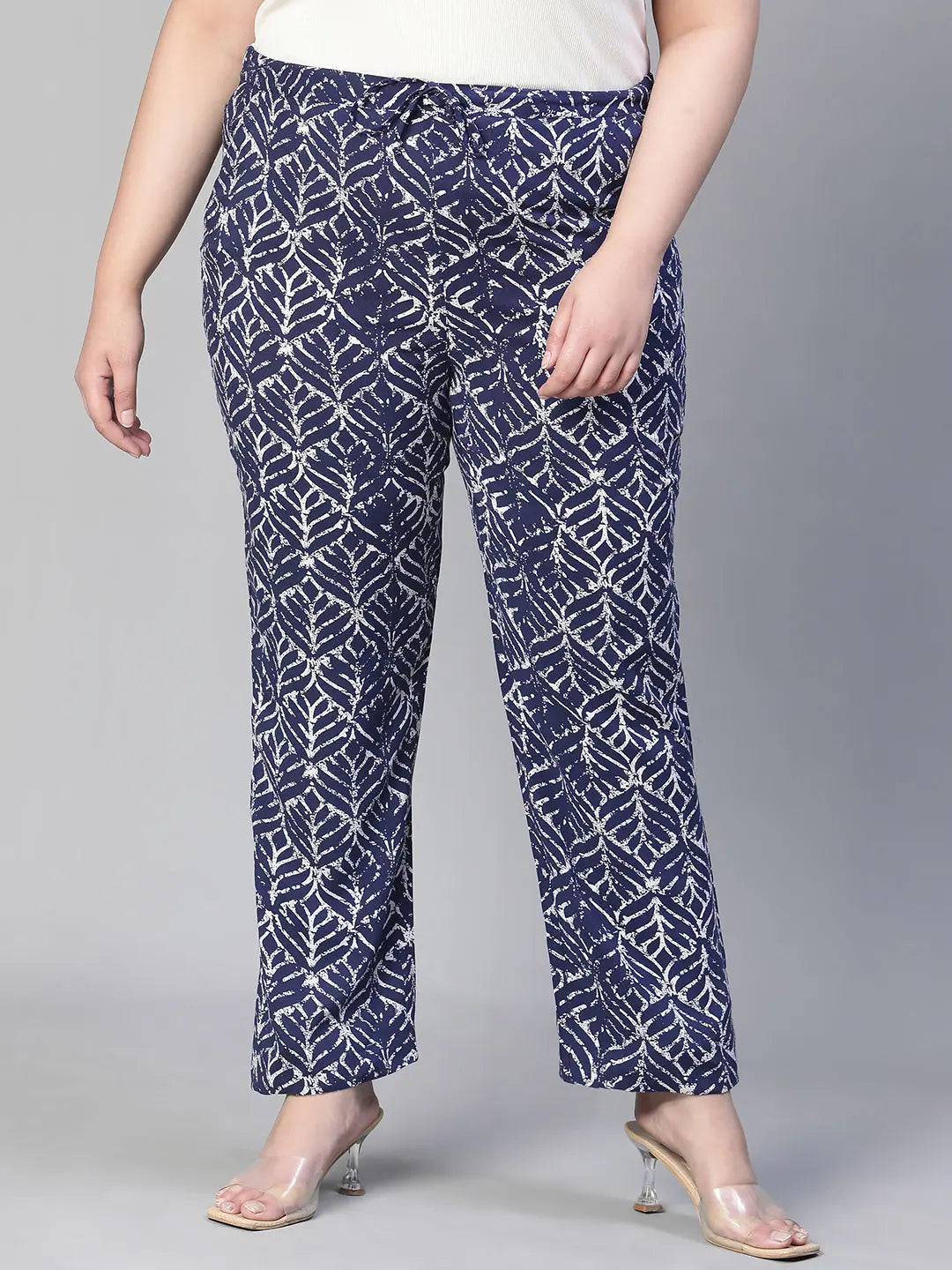 Women floral print elasticated blue tie-knot plus size pant Fashionable Work Pants