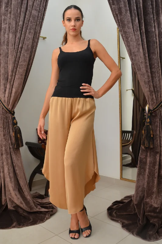 Tan Asymmetric Satin Tango Pants Elegant Palazzo Trousers