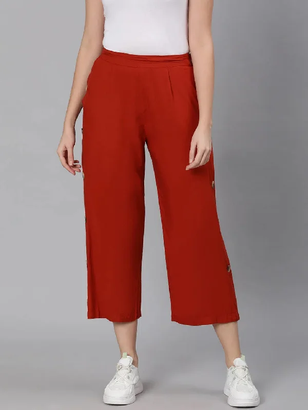 Blazed rust button decked elasticated women pant Comfortable Denim Trousers