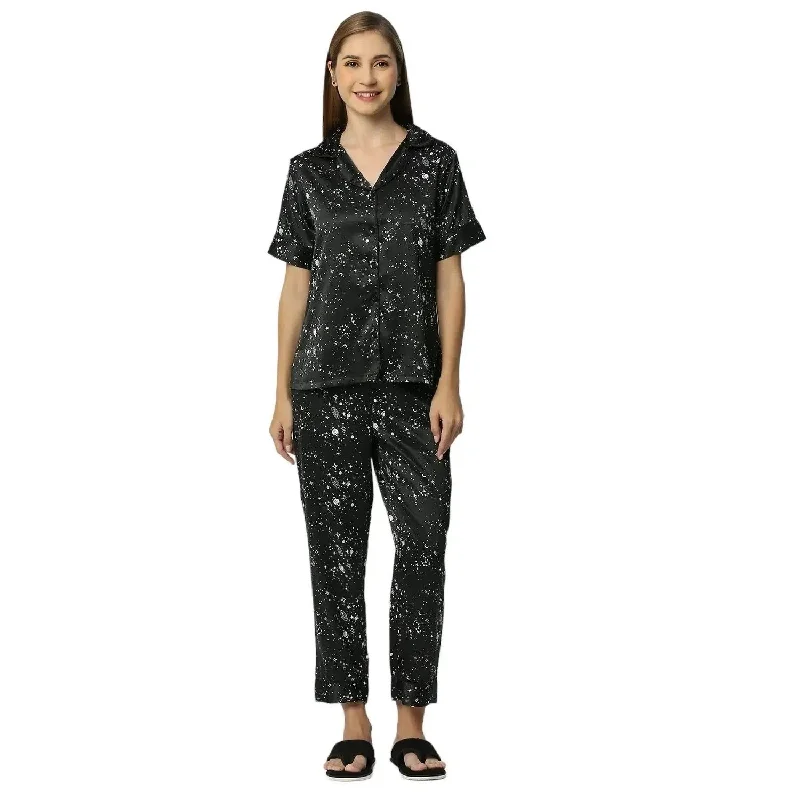 Smarty Pants Women's Silk Satin Black Color Star Galaxy Print  Night Suit-SMNSP-914-S Slim-Fit Khaki Pants