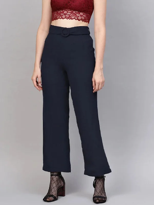 Navy Flared Buckle Belted Pant Soft Stretch Leggings